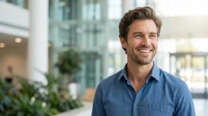 Sretan muškarac sa bujnom, prirodnom kosom i širokim osmijehom, kao primjer uspješnog rezultata transplantacije kose i vraćenog samopouzdanja.